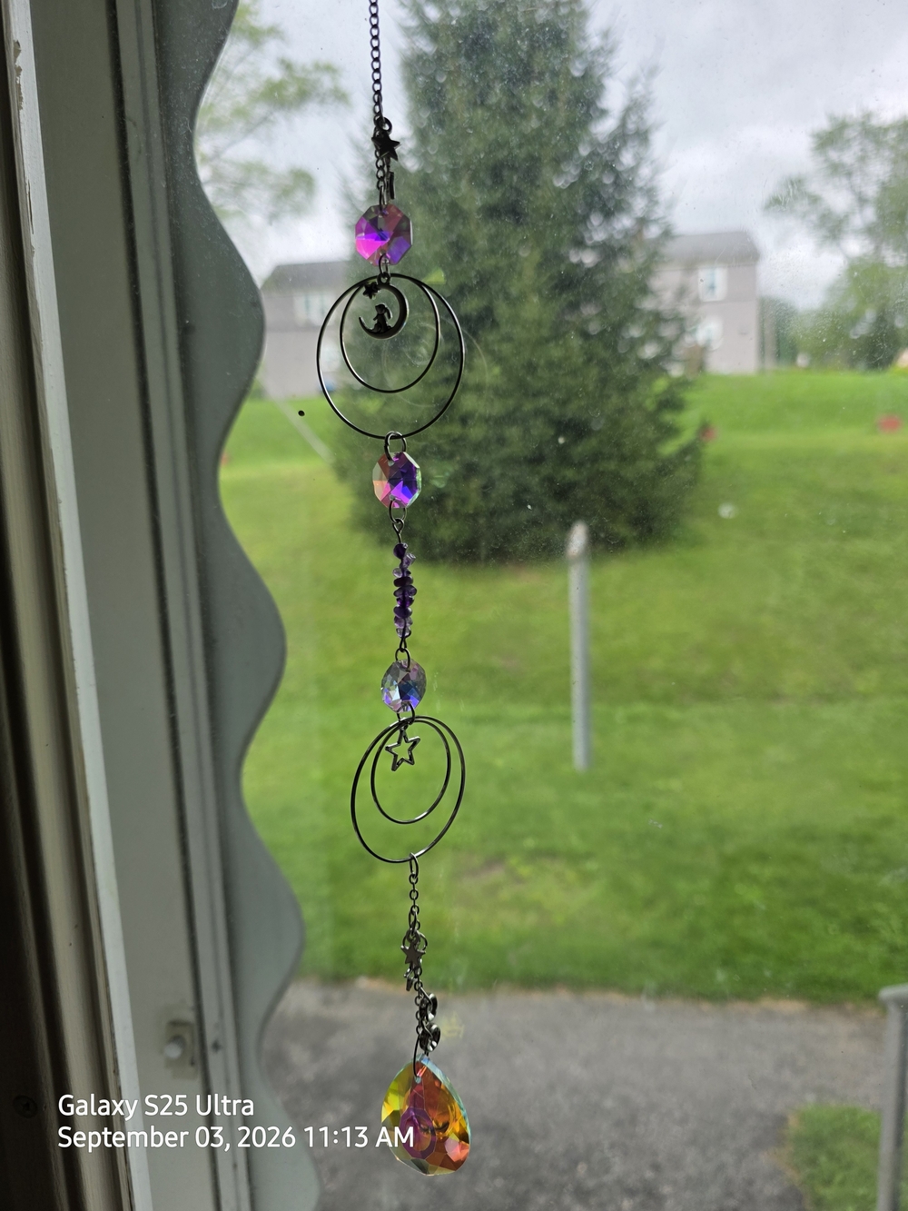 Purple Iridescent Hanging Crystal Suncatcher with Moon & Star Accents